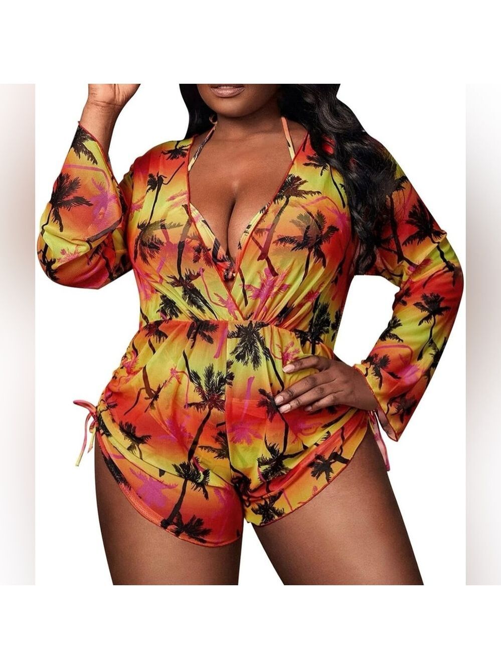3pc Plus Size Tropical Print Halter Triangle Bikini Set with Cover Up - Picture 2 of 14